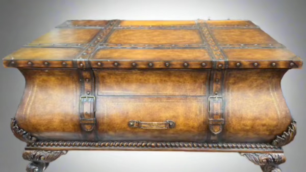 large vintage patina with leather straps, buckles and handles. rope carved base, gold details and fancy scrolled feet.